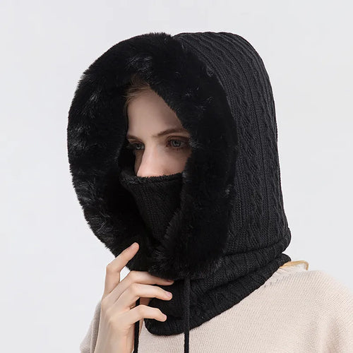 Winter Fur Cap Mask Set Hooded for Women Knitted Cashmere Neck Warm