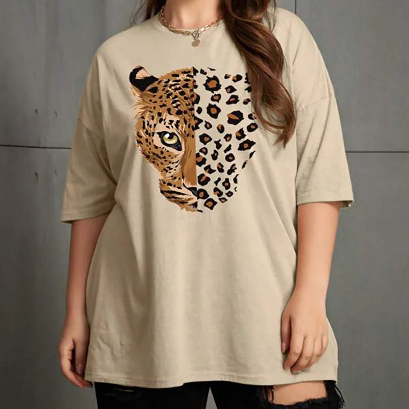 Leopard Printed T-Shirts Short Sleeve Women O-Neck Graphic Tops Tees