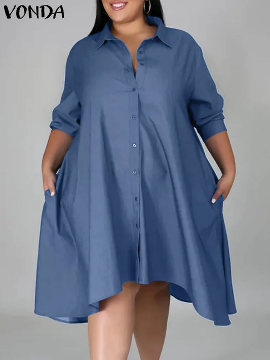 Plus Size 5XL VONDA Women Vintage Shirt Dress 2023 Autumn Denim Long