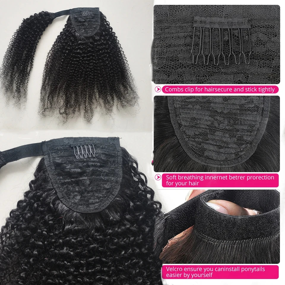 Afro Kinky Curly Wrap Around Ponytail Human Hair Extensions Brazilian