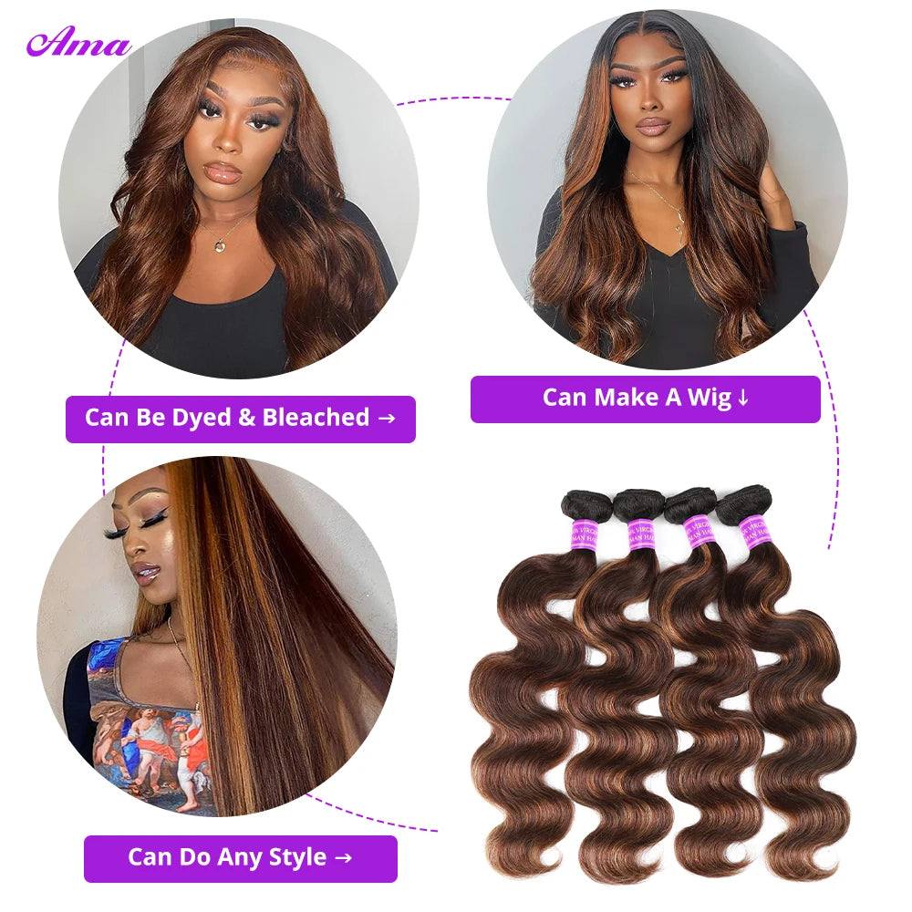 FB 30 Brown Highlight Body Wave Bundles Ombre Colored Human Hair