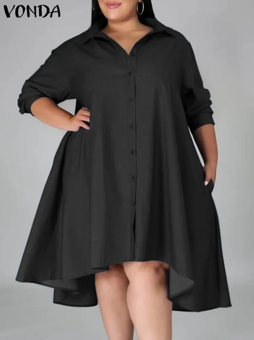 Plus Size 5XL VONDA Women Vintage Shirt Dress 2023 Autumn Denim Long