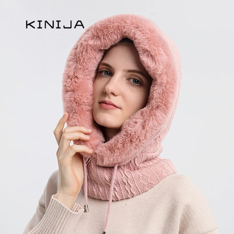 Winter Fur Cap Mask Set Hooded for Women Knitted Cashmere Neck Warm