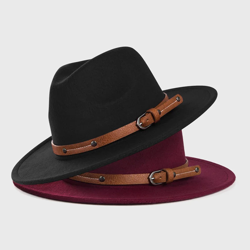 New Autumn Winter Wool Fedoras Hat With Belt For Men Women Wide Flat