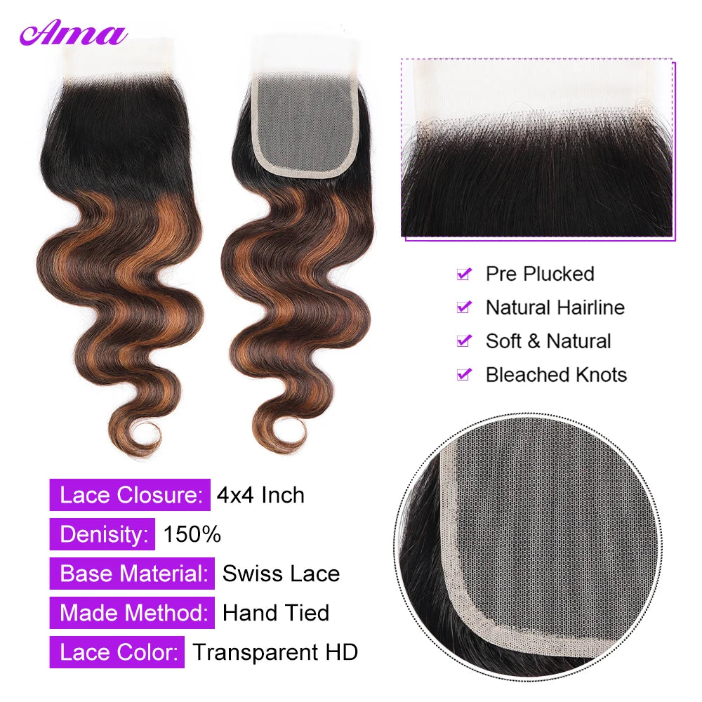 FB 30 Brown Highlight Bundles With Closure Ombred Body Wave Bundles