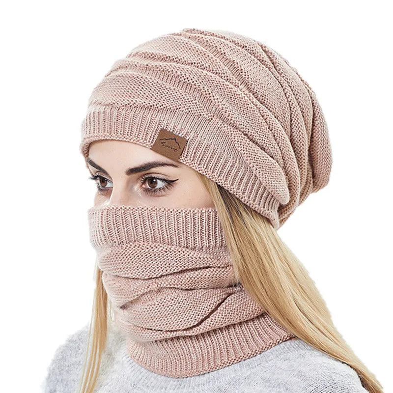 Winter Beanie Hats Scarf Set Women Warm Knitted Hat Skull Cap Neck