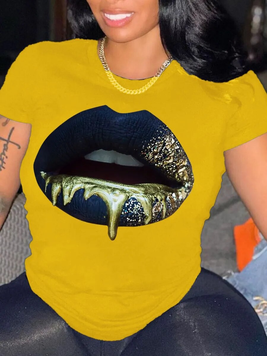 LW Plus Size Round Neck Lip Print T-shirt women's shirt sexy T-shirt