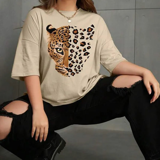 Leopard Printed T-Shirts Short Sleeve Women O-Neck Graphic Tops Tees