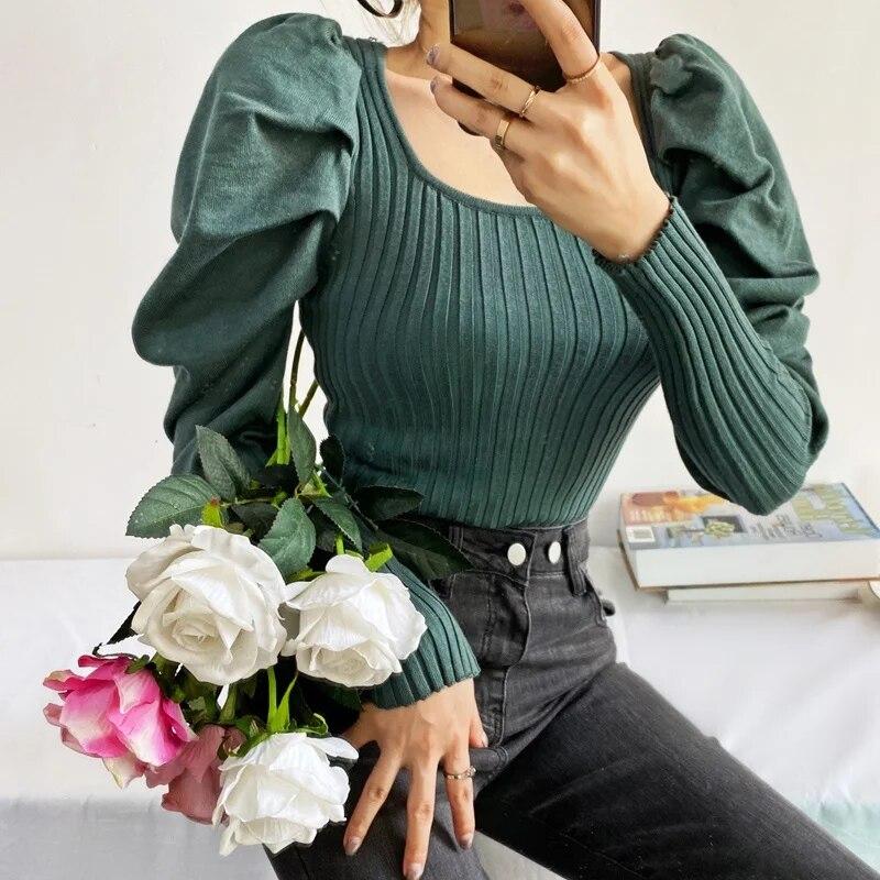 Puff Sleeve Knitted Bodysuits Overalls