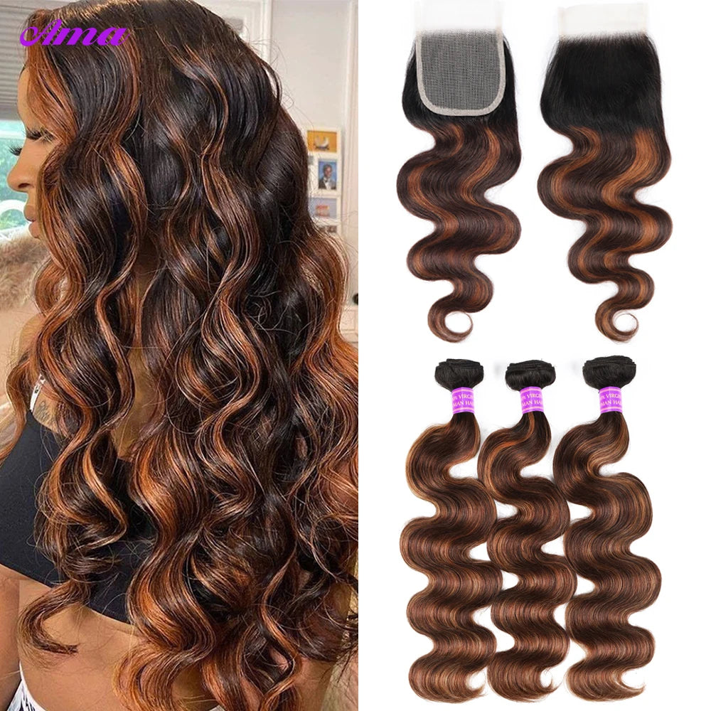 FB 30 Brown Highlight Bundles With Closure Ombred Body Wave Bundles