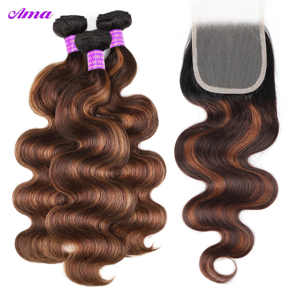 FB 30 Brown Highlight Bundles With Closure Ombred Body Wave Bundles