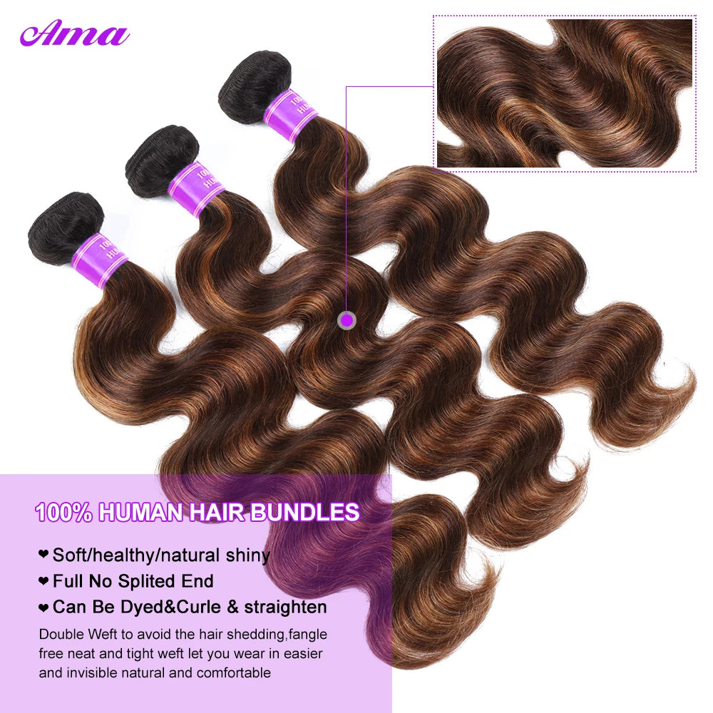 FB 30 Brown Highlight Bundles With Closure Ombred Body Wave Bundles