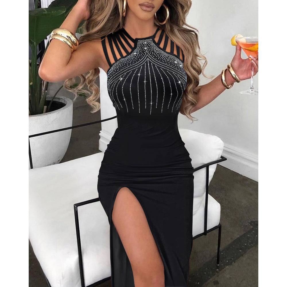 Rhinestone Decor Multi-Strap High Slit Dress