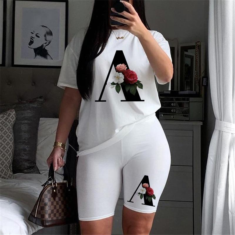 Women Two Piec Set Letter T Shirts And Shorts Set Summer Short Sleeve