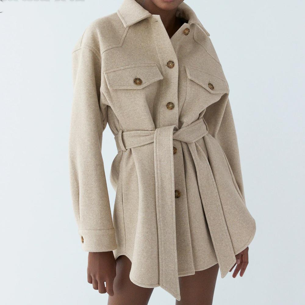 With Belt Loose Woolen Jacket Coat Vintage Long Sleeve Side Pockets