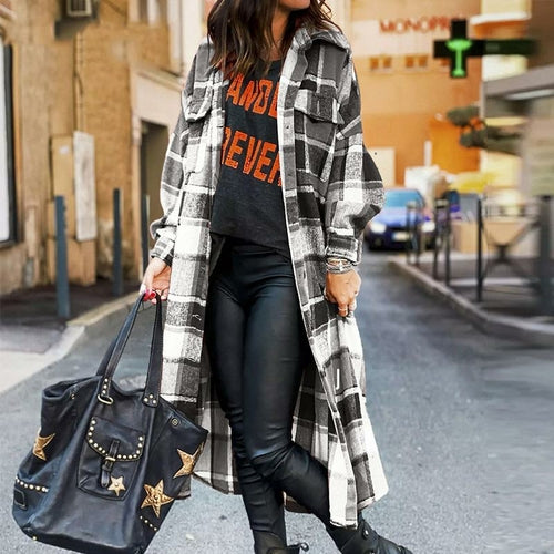 Autumn Winter Long Sleeve Plaid Coat Woolen Oversized Loose Long