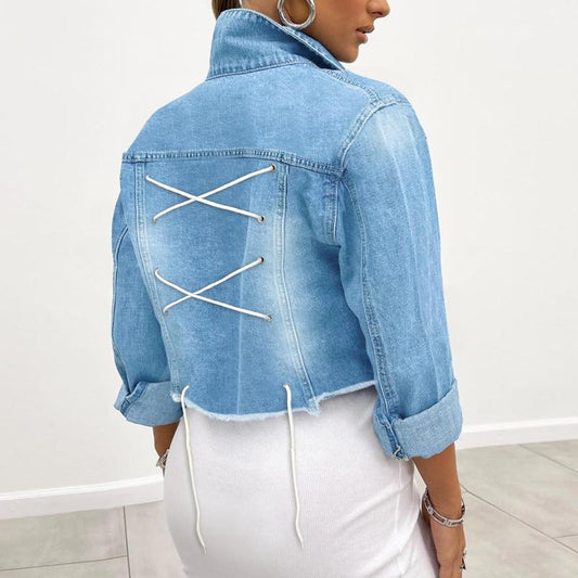 Vintage Denim Jacket Women Casual Lace Up Long Sleeve Short Coats