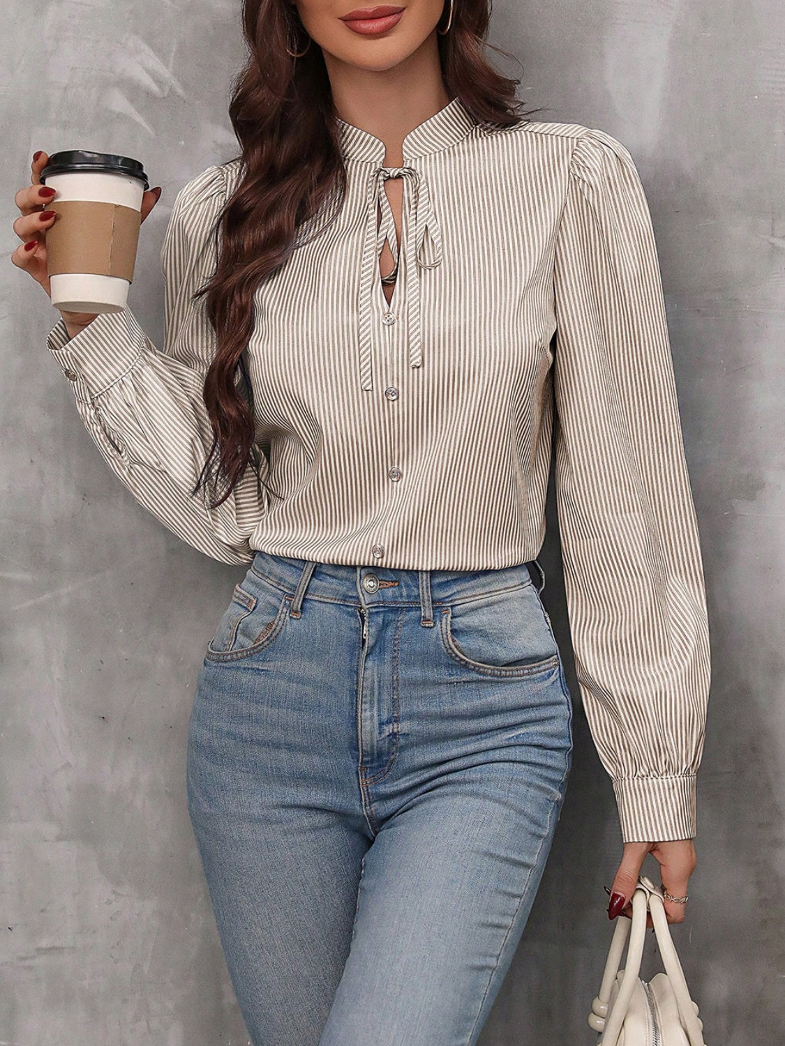 Striped Tie Neck Long Sleeve Blouse