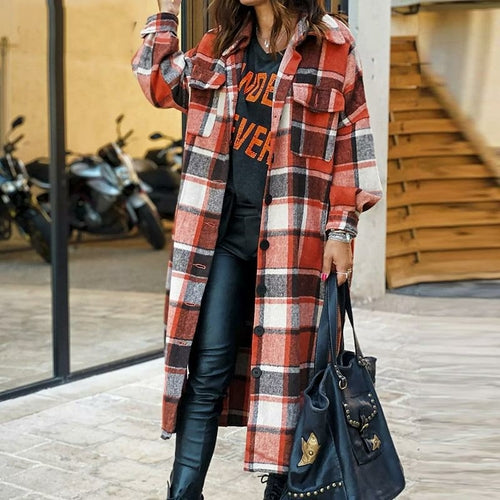 Autumn Winter Long Sleeve Plaid Coat Woolen Oversized Loose Long