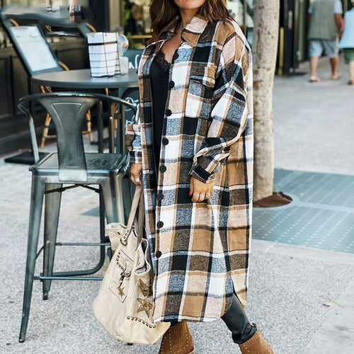 Autumn Winter Long Sleeve Plaid Coat Woolen Oversized Loose Long