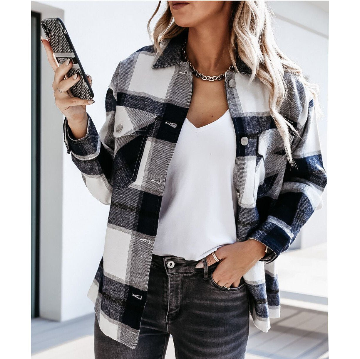 Women Plaid Print Pocket Jackets Fashion Coats